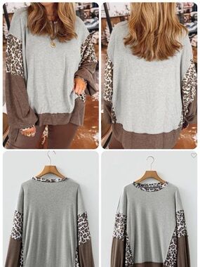 Casual Leopard-Trim Colorblock Pullover Top - Gray & Brown